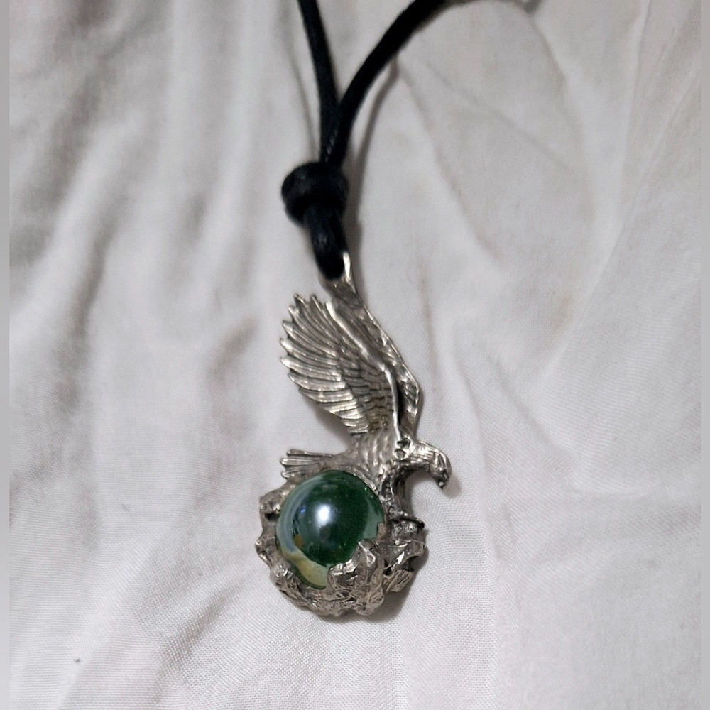 Pewter EAGLE Charm Pendant 1.75" tall Holding .5" Diameter Lite Green Stone